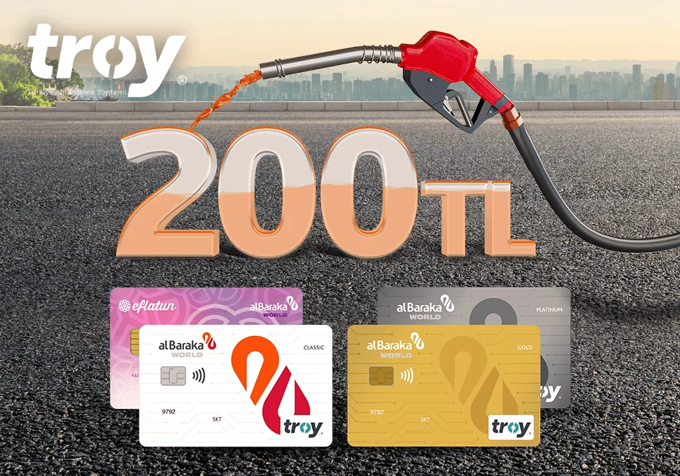 Troy kredi kartı ile yapacağınız akaryakıt harcamalarına özel her 1.500 TL ve üzeri harcamaya 50 TL, toplamda 200 TL Worldpuan kazanın!