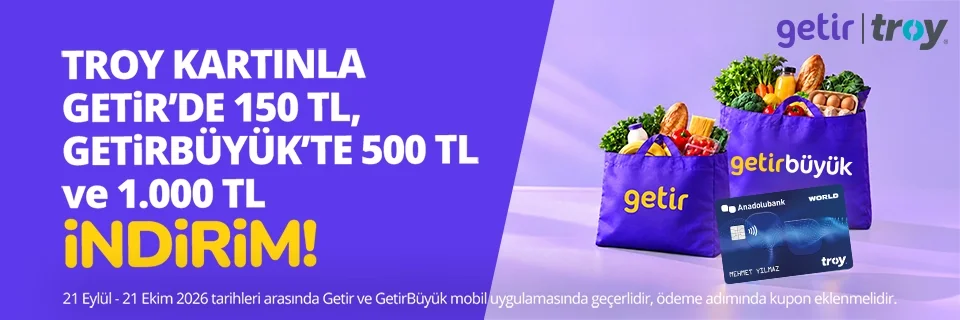 Anadolubank TROY Kart Sahiplerine Getir ve GetirBüyük Alışverişlerinde İndirim Fırsatı