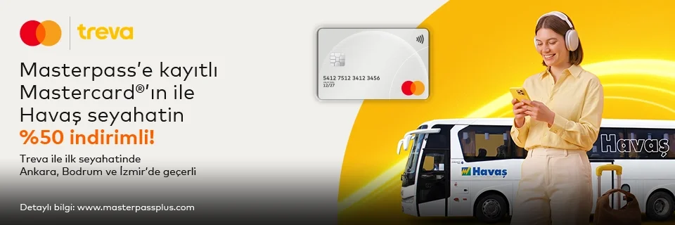 Masterpass'e kayıtlı Anadolubank Mastercard sahiplerine Treva mobil uygulamasından İzmir, Bodrum ve Ankara’da Havaş Otobüs Biniş Hakkı Satın Alımlarında %50 İndirim!