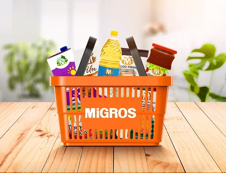 Migros: Migros alışveriş sepetinin içinde çeşitli gıda malzemeleri