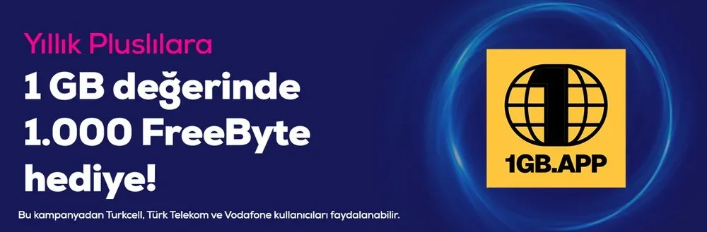 Pluslılara 1 GB değerinde 1.000 Freebyte hediye!